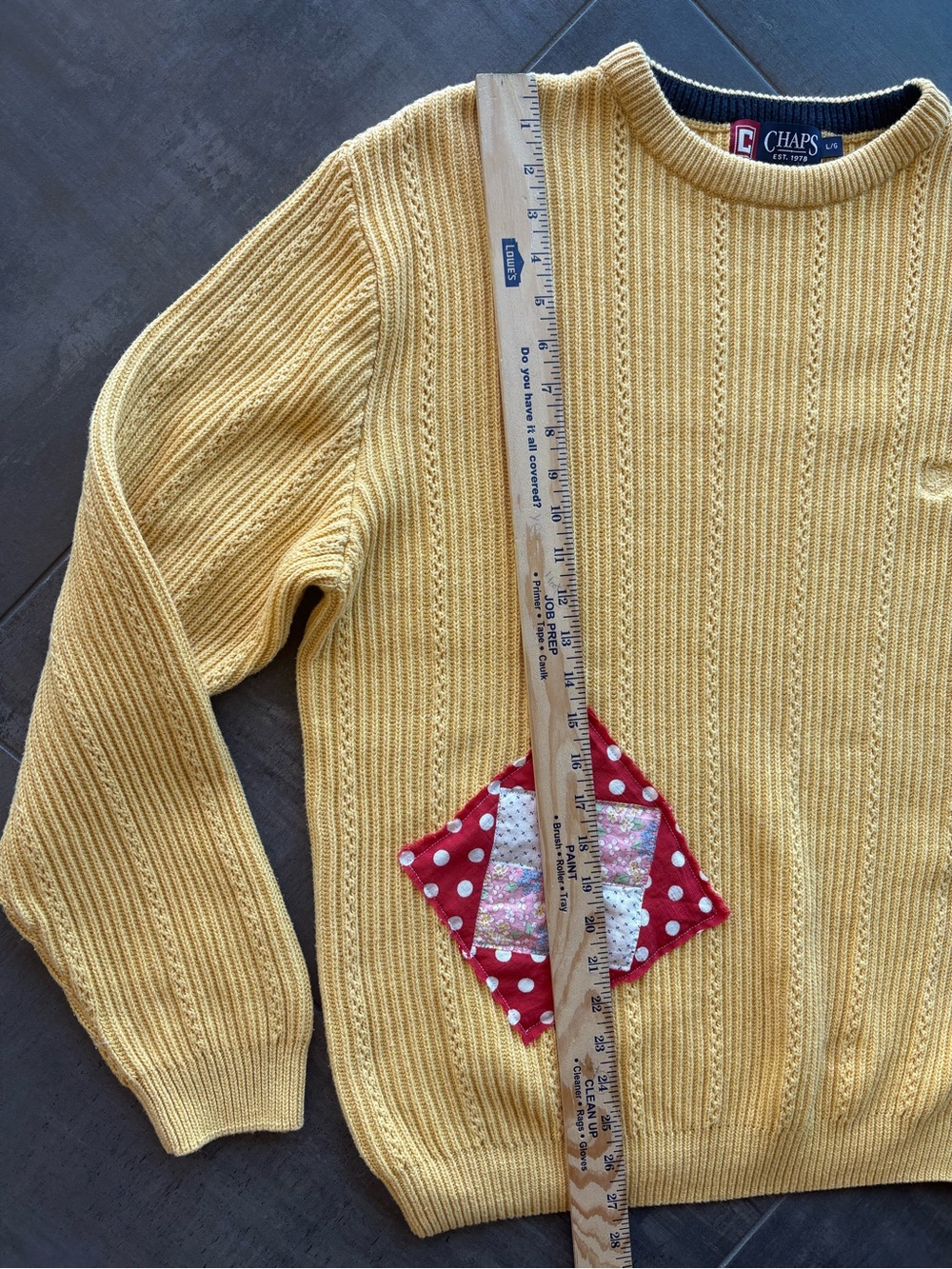 Vintage Chaps Ralph Lauren Yellow Sweater 1920s Feedsack Quilt Patch - Large - Picture 6 of 8
